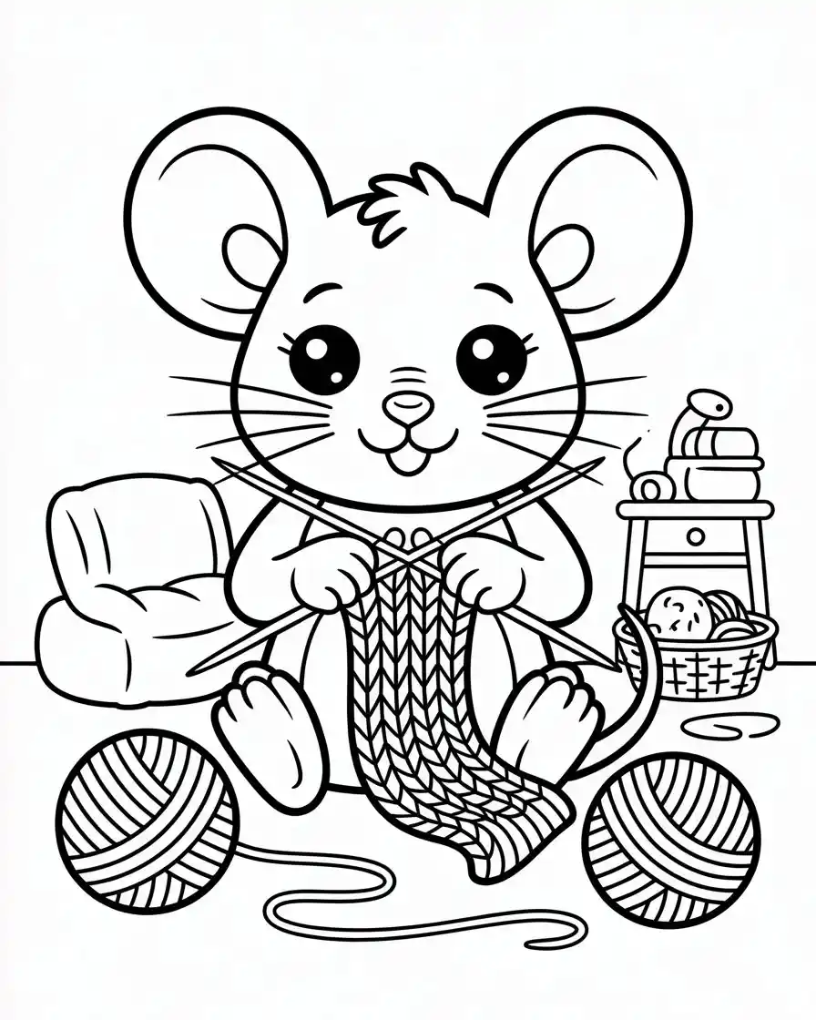 cute mouse knitting coloring page for kids and adults 1
