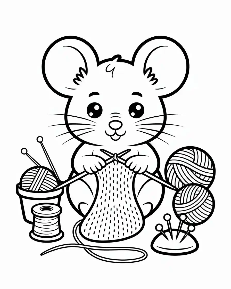 cute mouse knitting coloring page for kids and adults