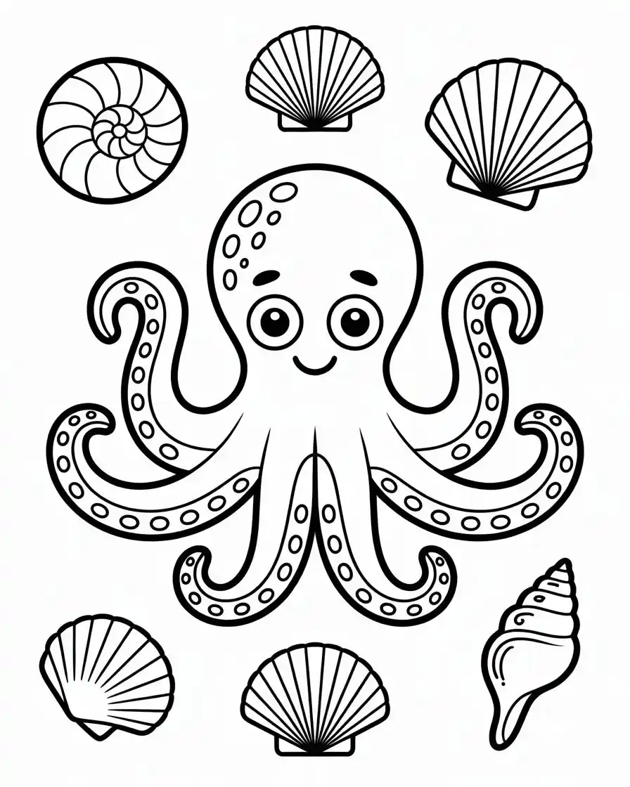 cute octopus with seashells coloring page