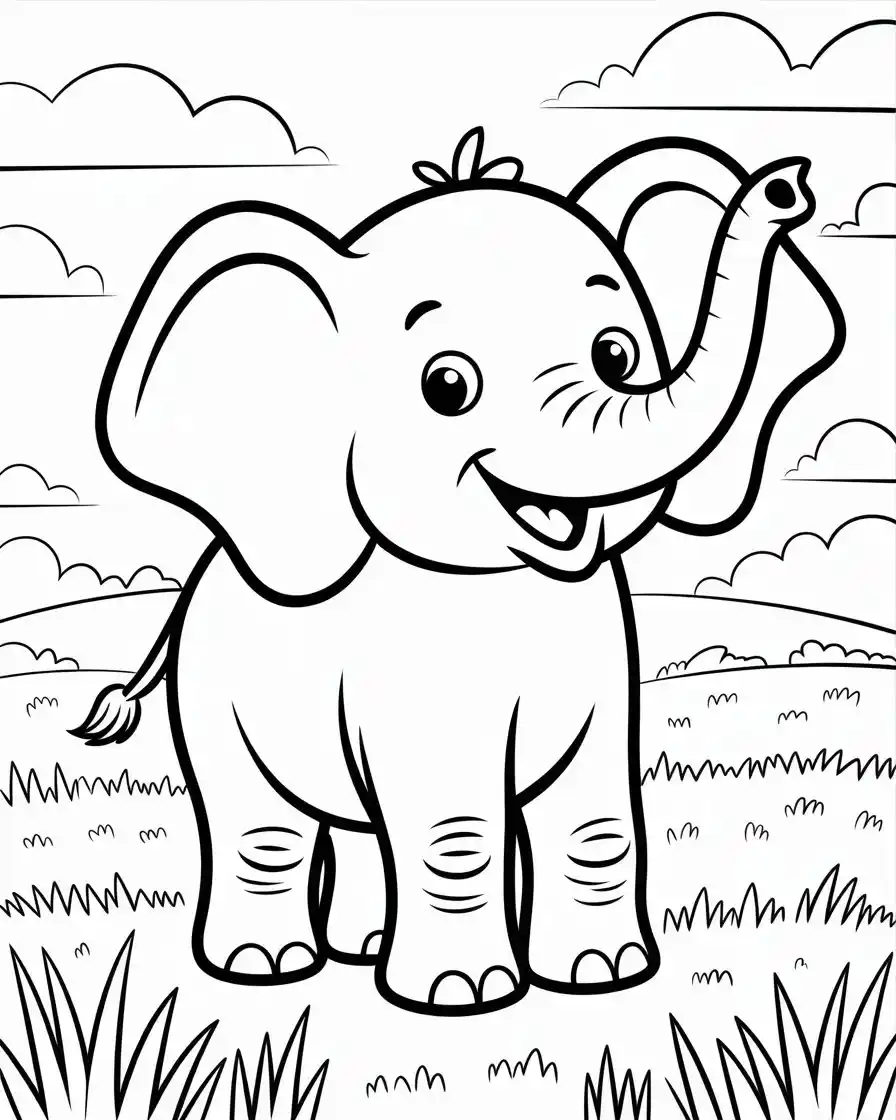 cute young elephant in grass coloring page