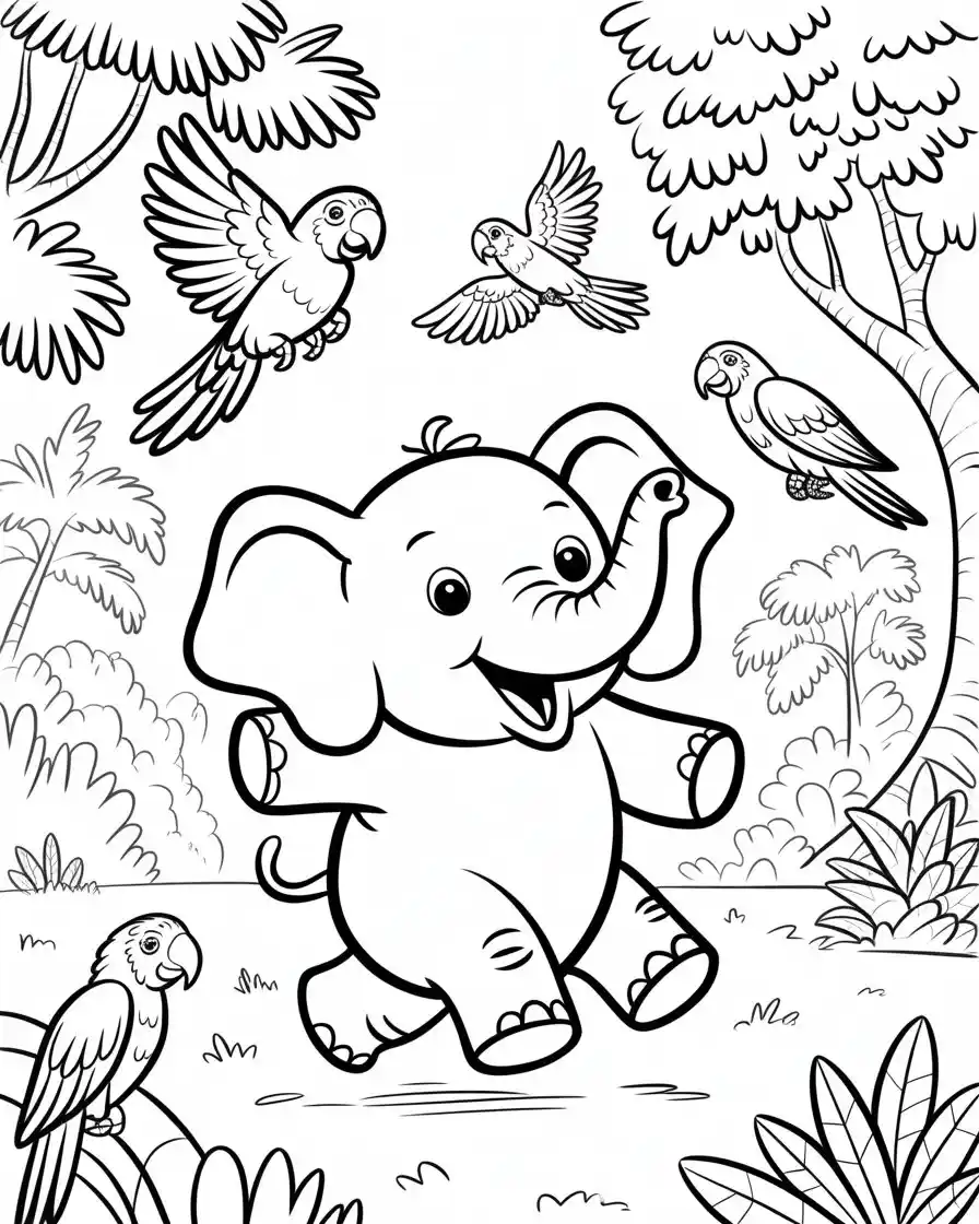 dancing elephant with parrots coloring page
