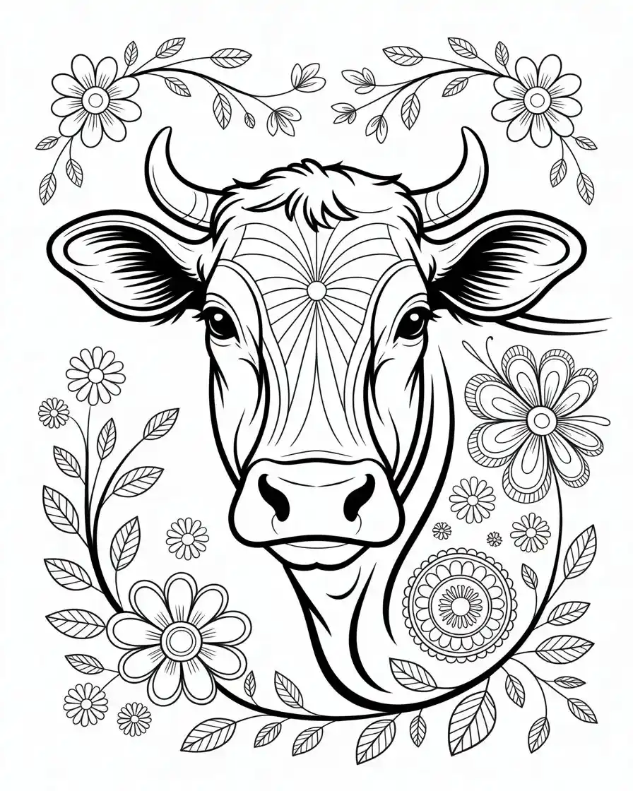 decorative cow head with mandala flowers coloring page 1