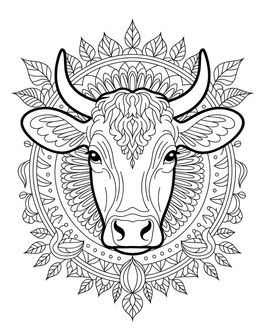 decorative cow head with mandala flowers coloring page