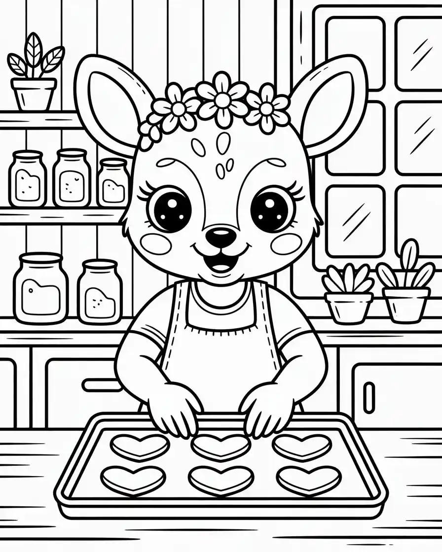 deer baking cookies coloring page 1