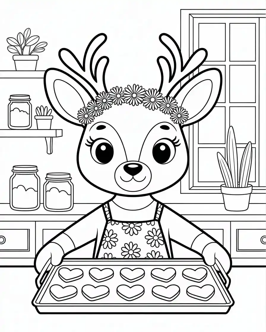 deer baking cookies coloring page