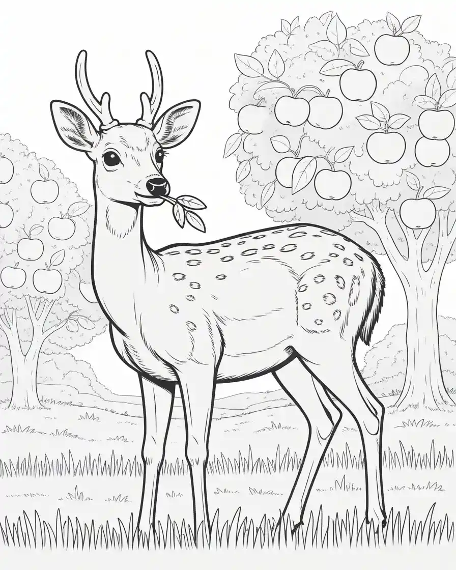 deer in apple orchard coloring page