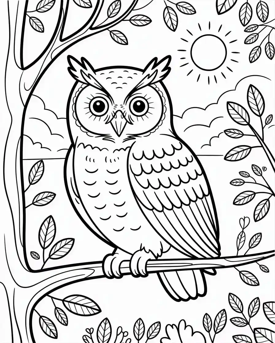 detailed owl on tree branch coloring page 1