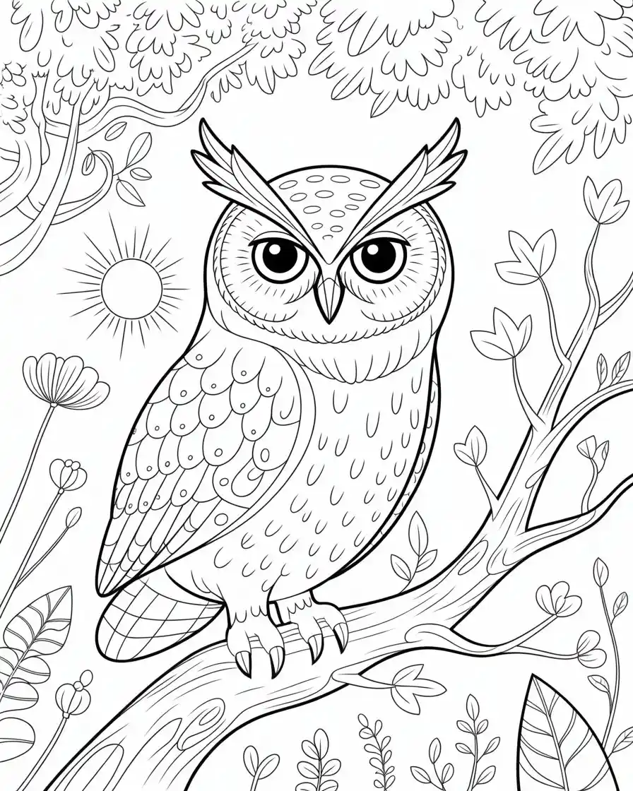 detailed owl on tree branch coloring page