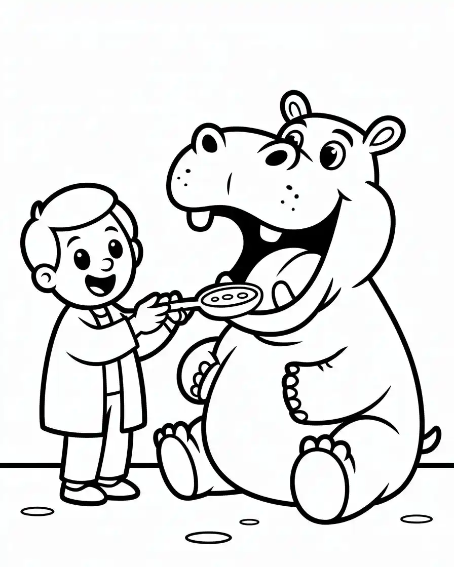 doctor giving hippopotamus medicine coloring page