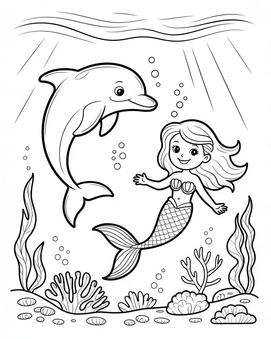 dolphin and mermaid coloring page 1