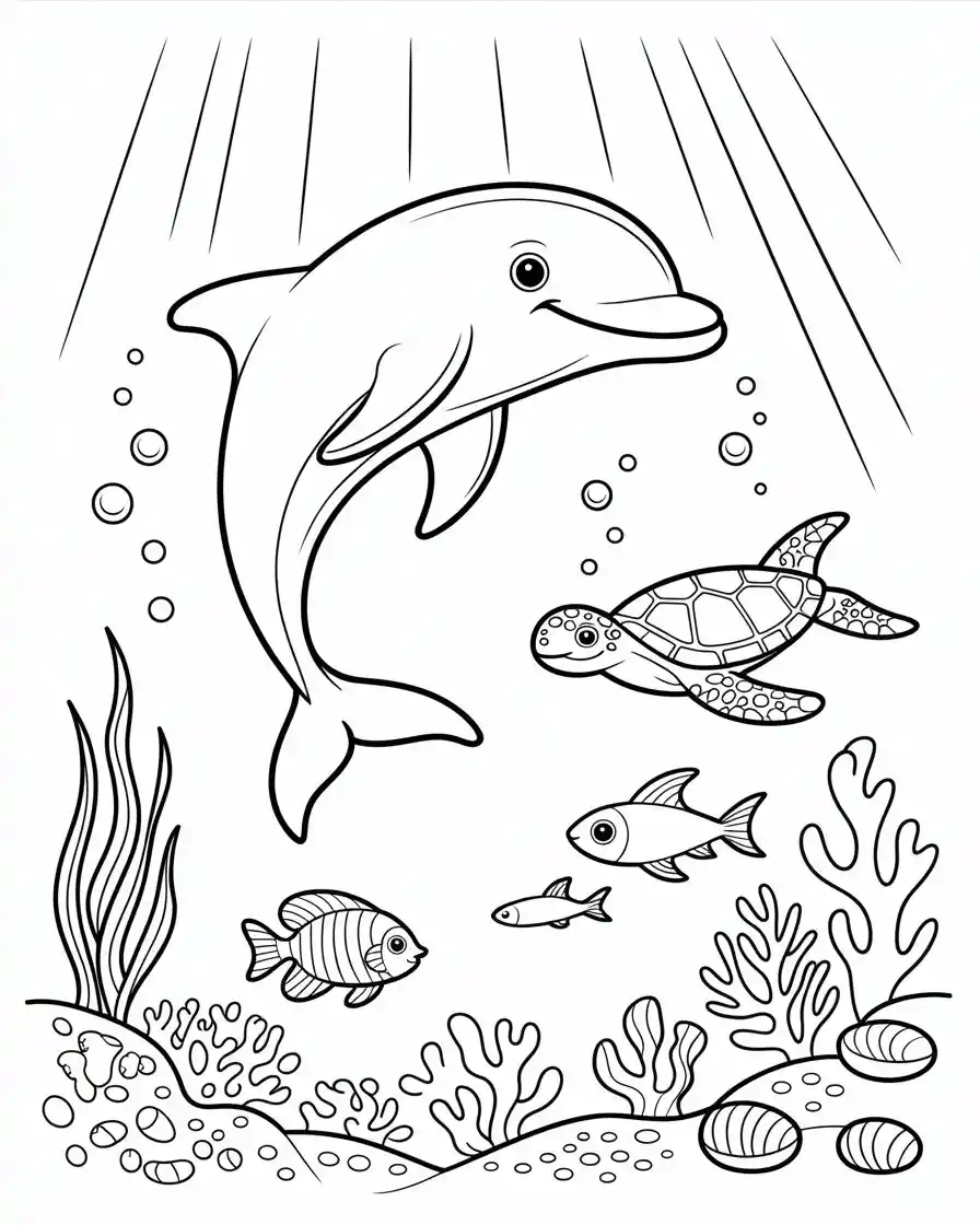 dolphin swimming with fish and turtle coloring page