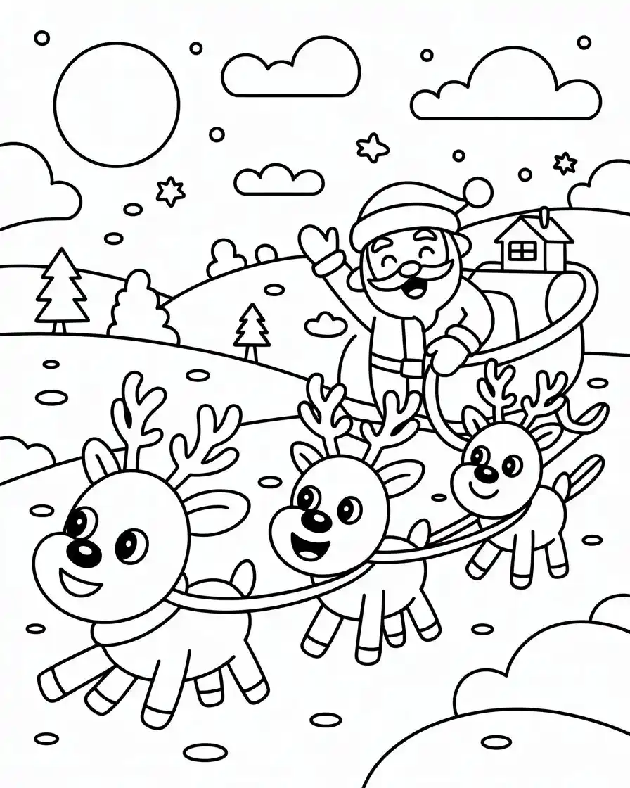 easy santa sleigh with reindeer coloring page for kids