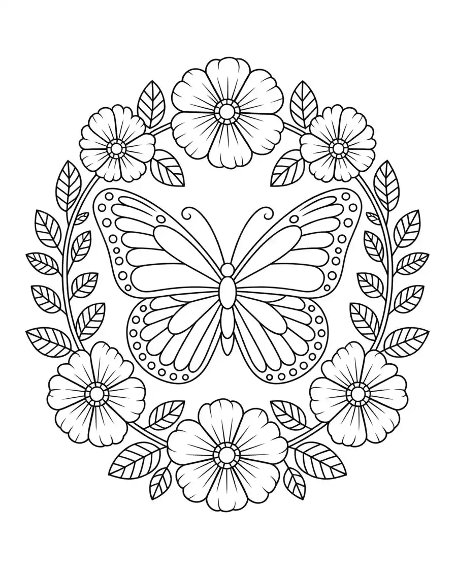 elegant butterfly mandala surrounded by flowers coloring page 1