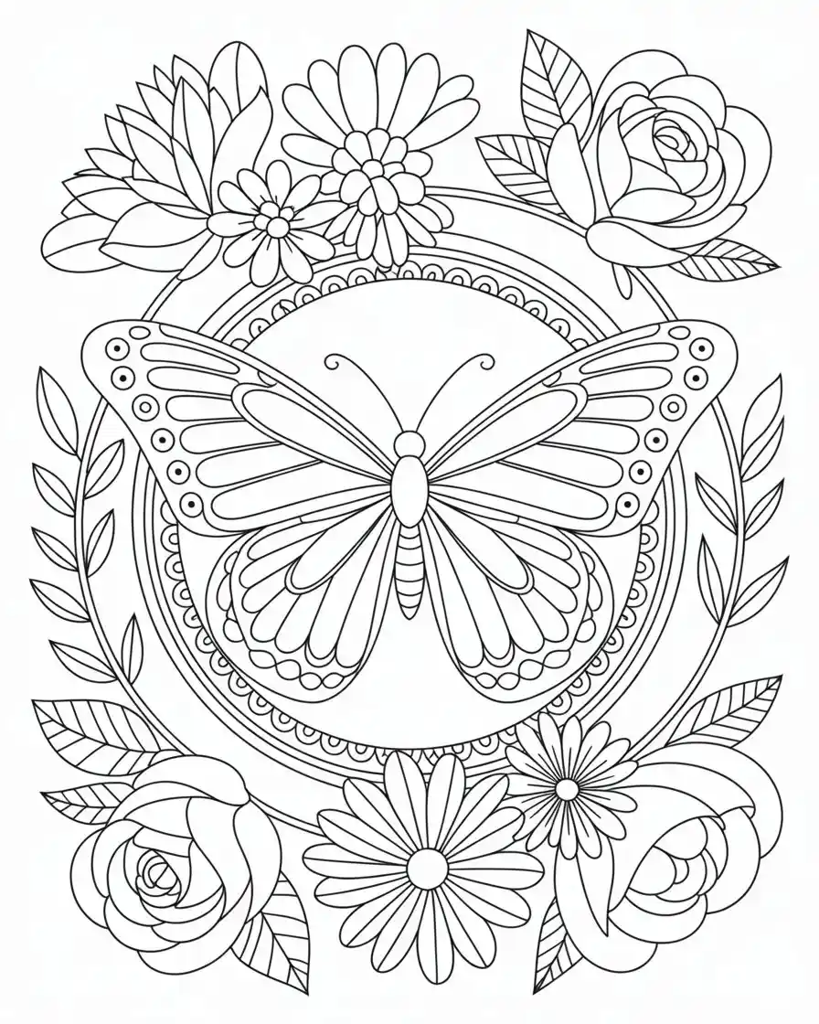 elegant butterfly mandala surrounded by flowers coloring page