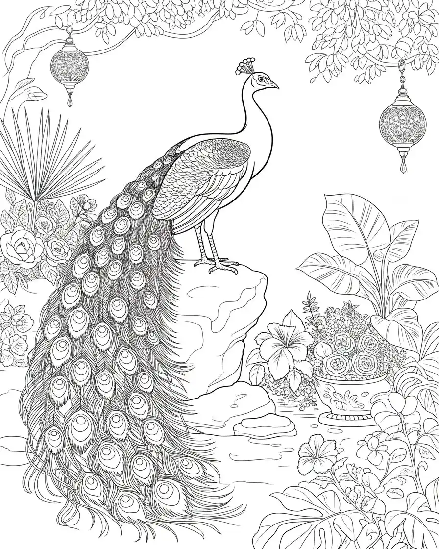 elegant peacock garden lantern art printable