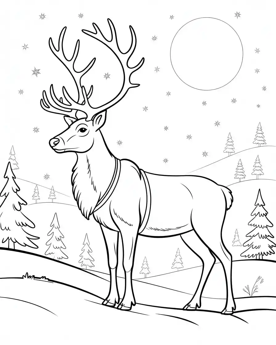 elegant reindeer winter night coloring page