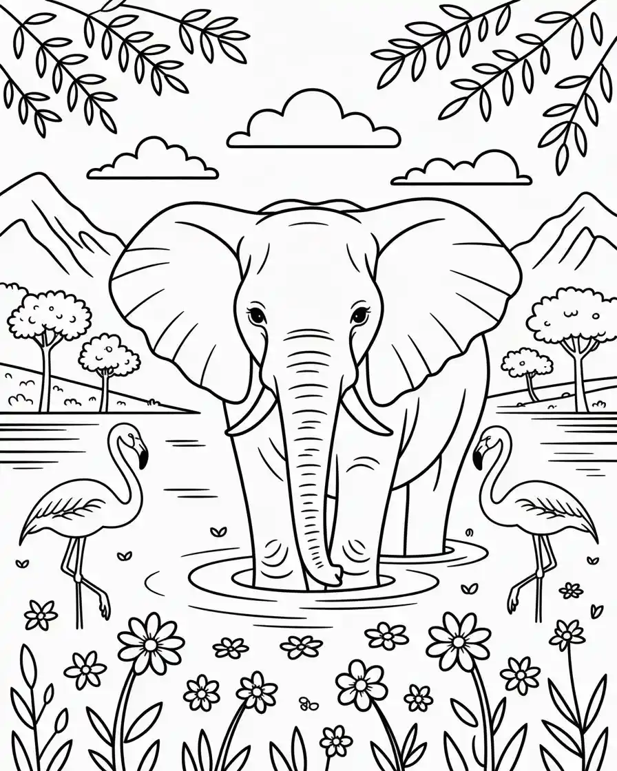 elephant with flamingos coloring page1