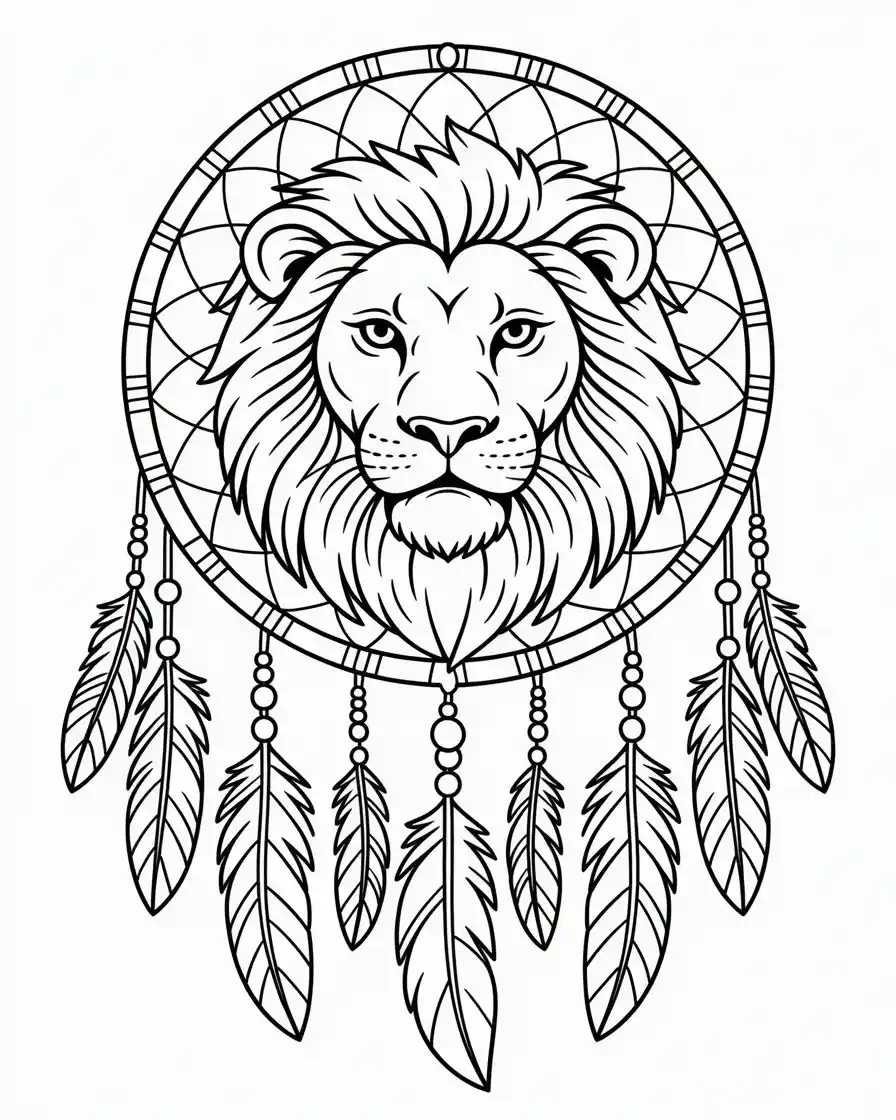 fierce lion head inside dreamcatcher coloring sheet