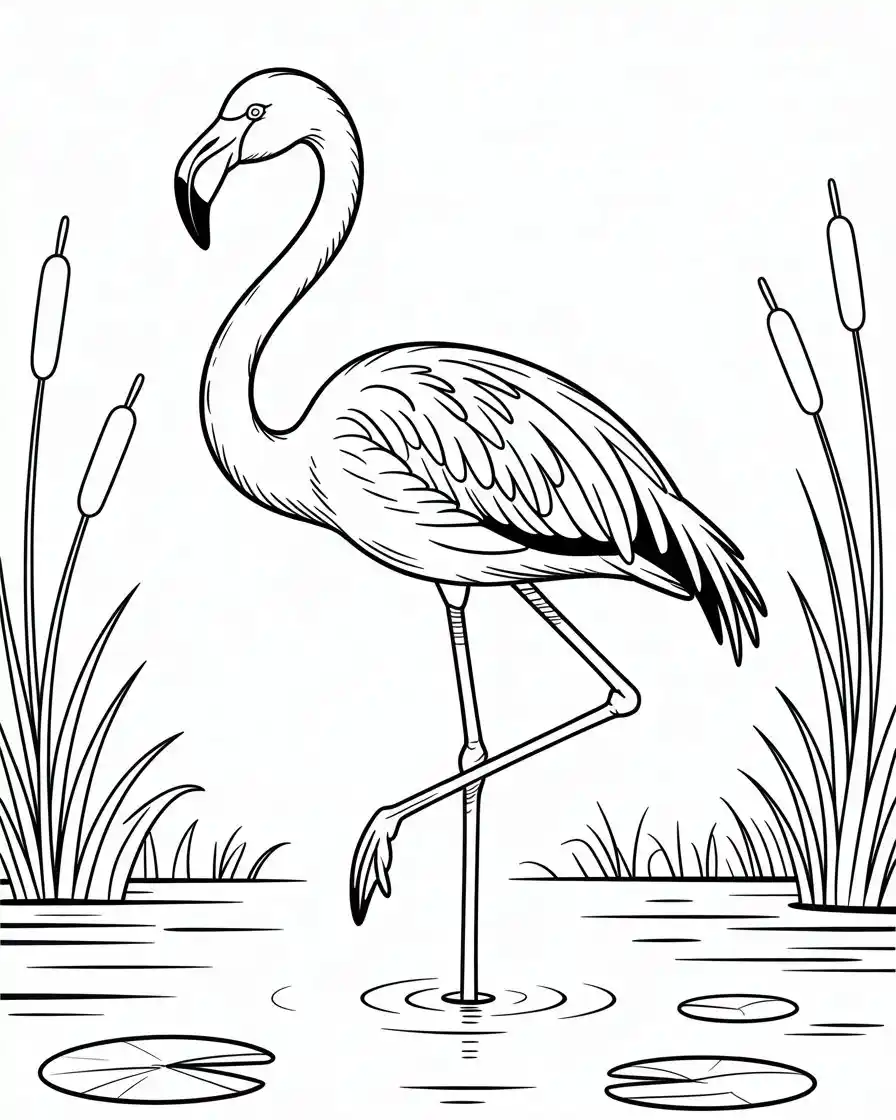 flamingo standing coloring page for kids