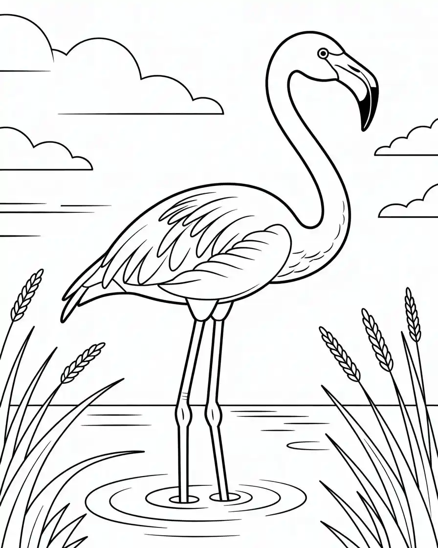 flamingo standing in water coloring page