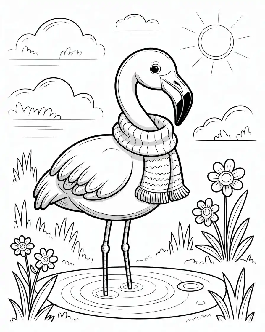 flamingo with scarf by pond coloring page