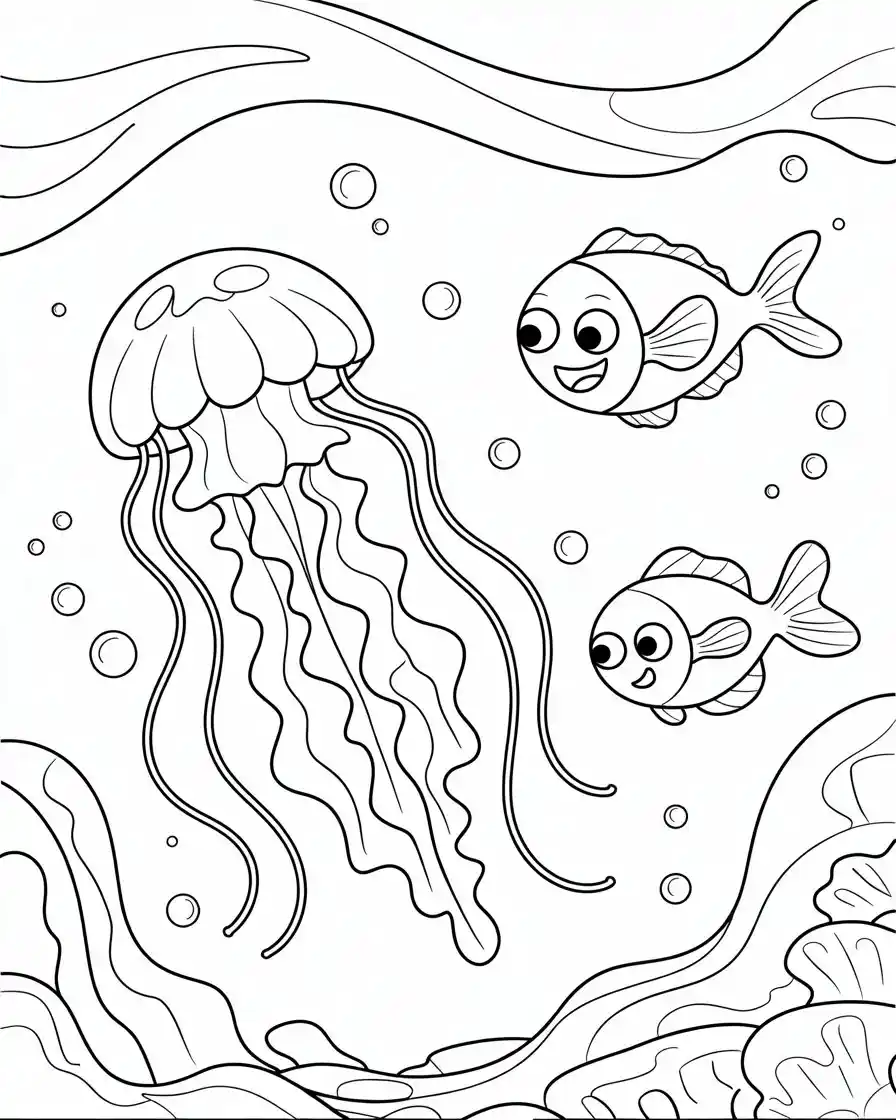 friendly fish swimming with jellyfish coloring page 1