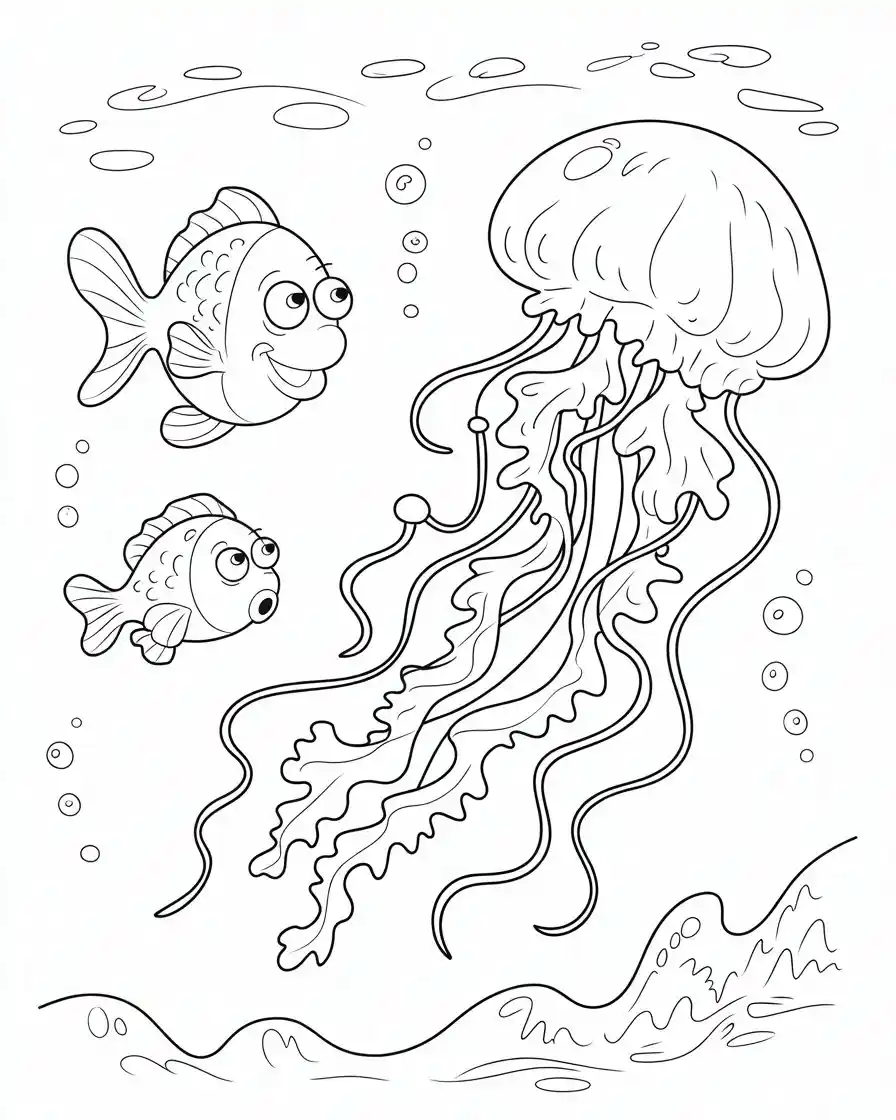 friendly fish swimming with jellyfish coloring page