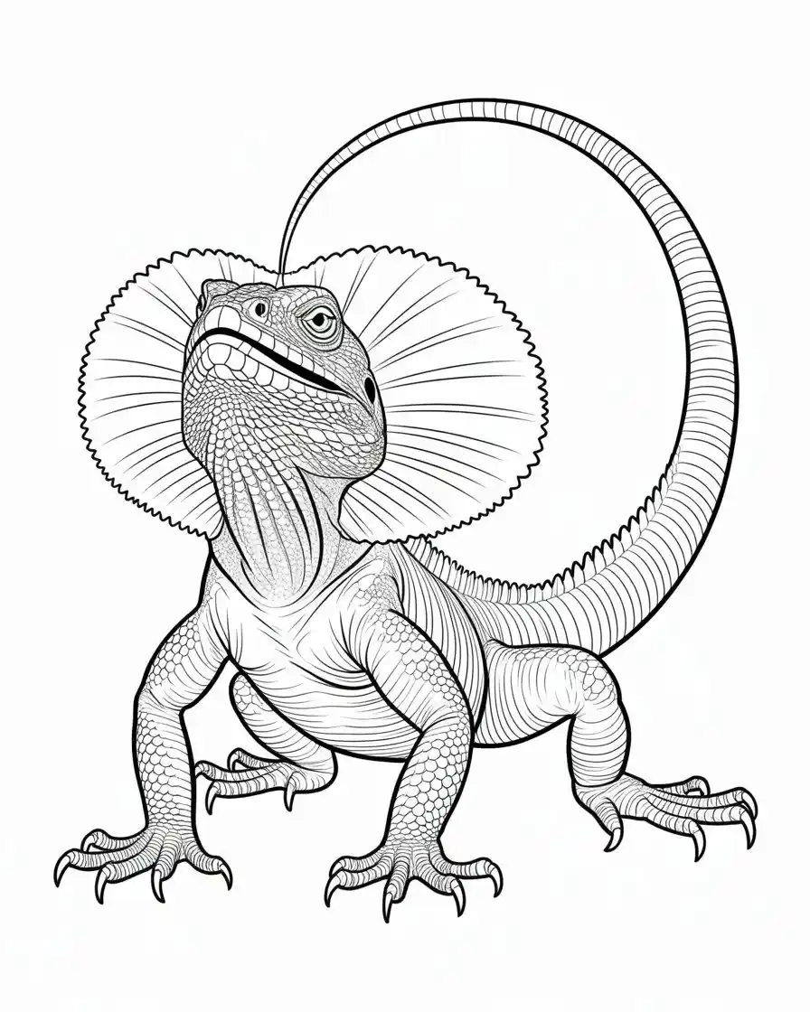 frilled lizard standing with open frill coloring page