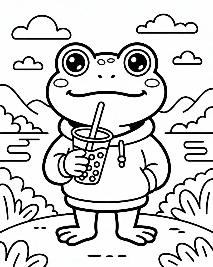 frog drinking boba coloring page 1