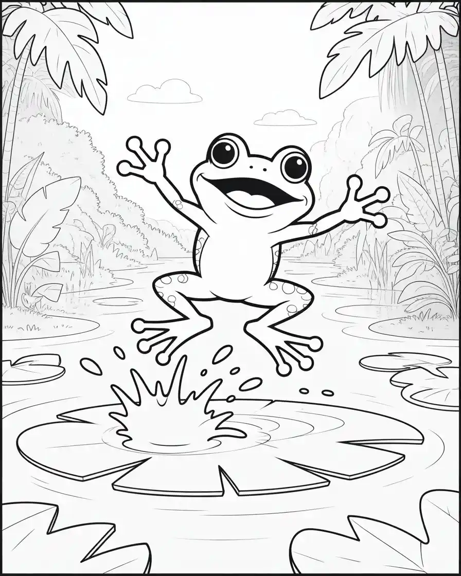 frog jumping off lily pad coloring page