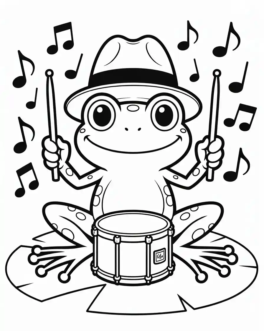 frog playing drums coloring page 1