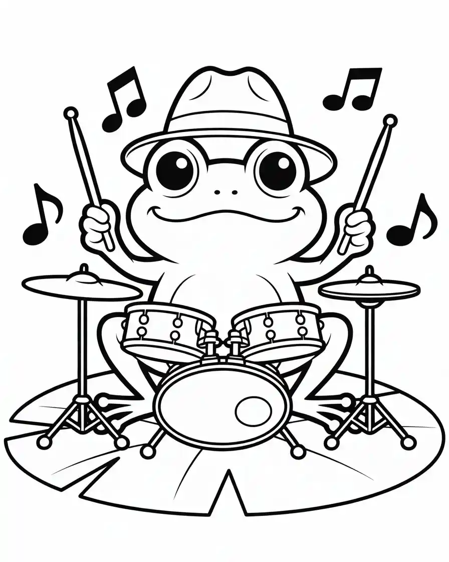 frog playing drums coloring page