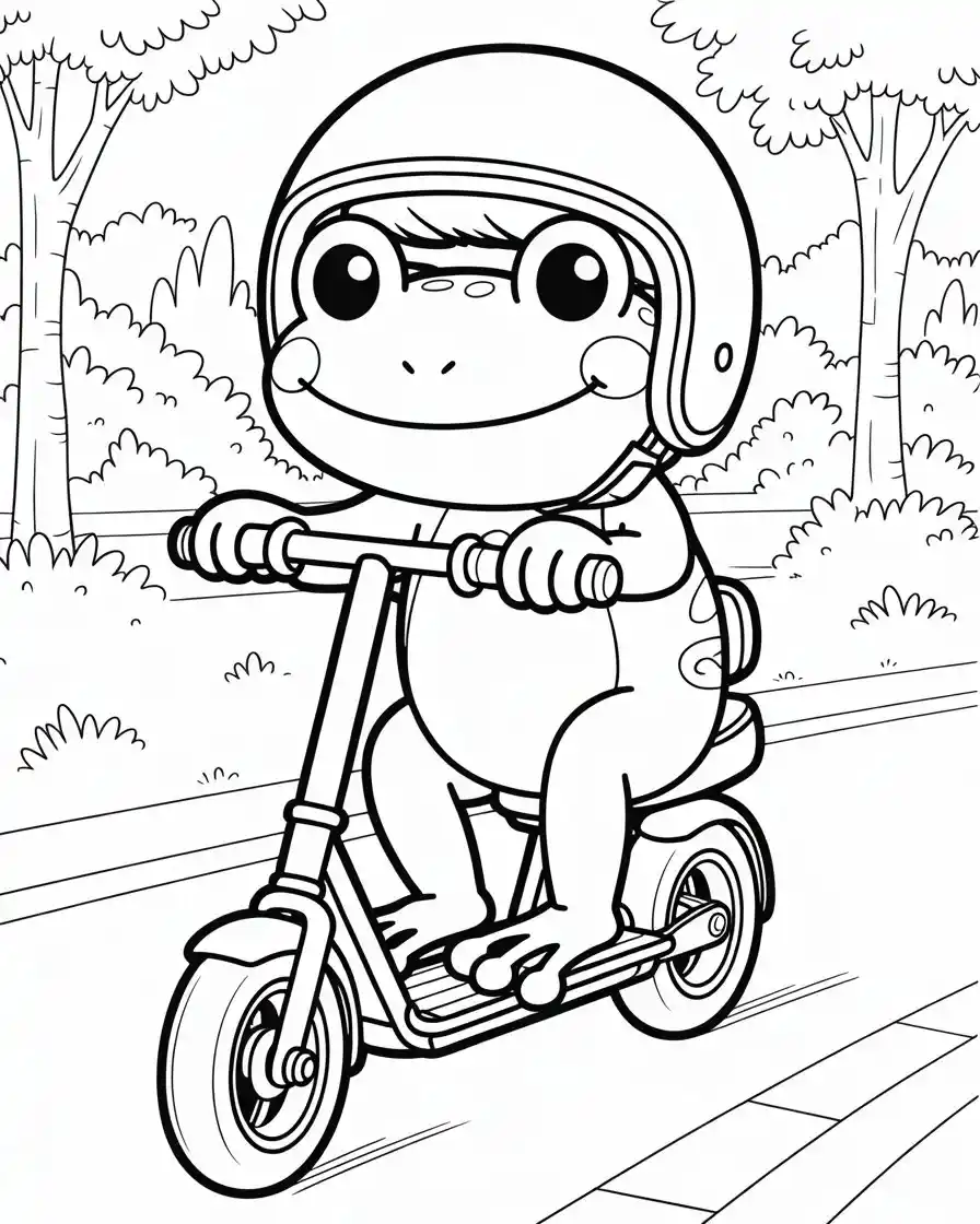 frog riding scooter coloring page