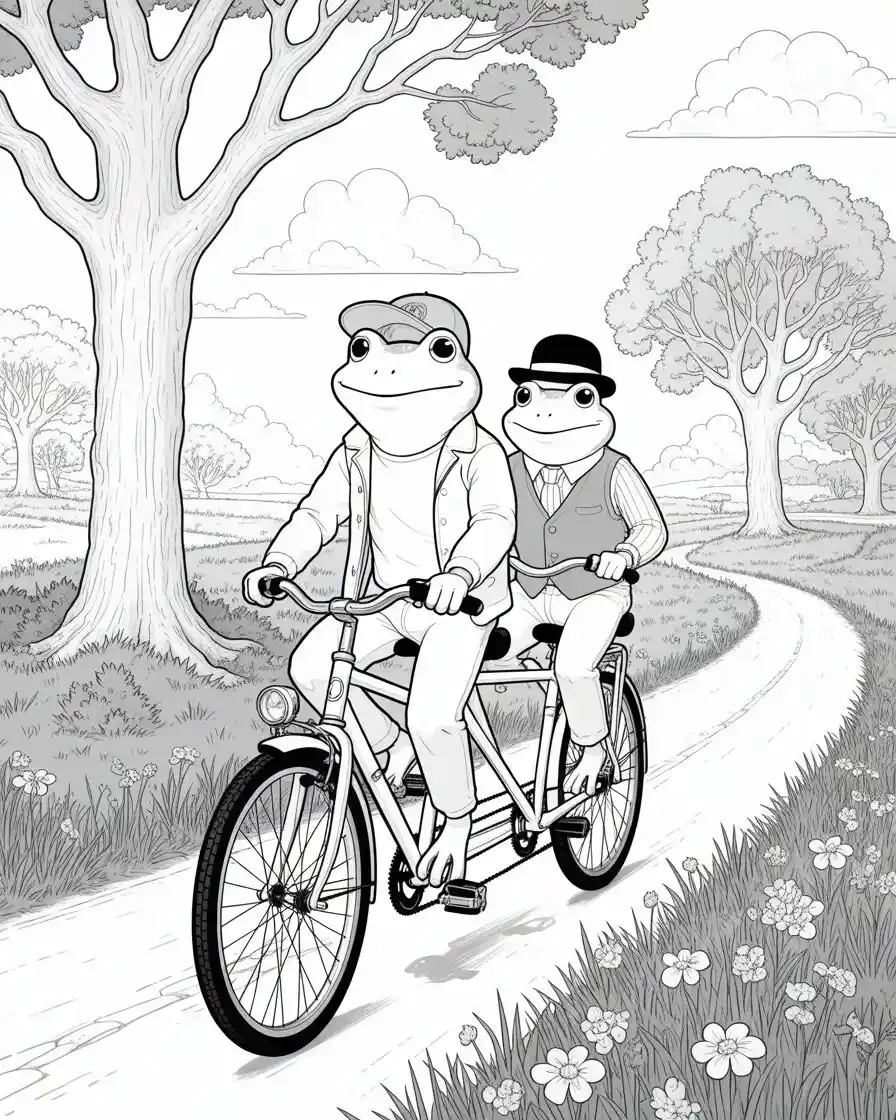 frogs riding tandem bike coloring page 1