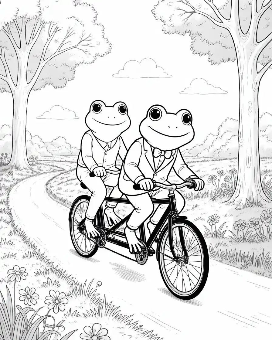 frogs riding tandem bike coloring page 2