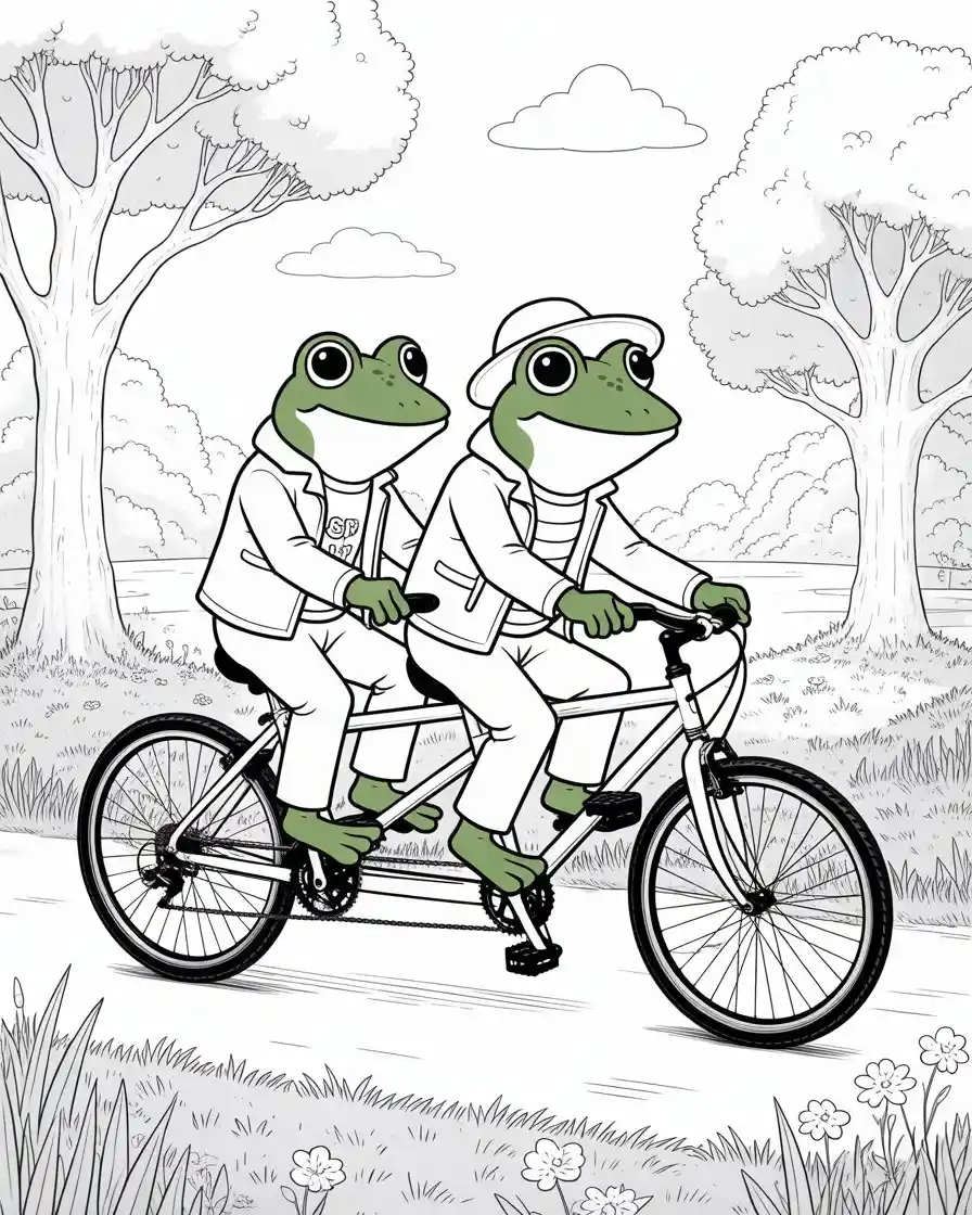 frogs riding tandem bike coloring page