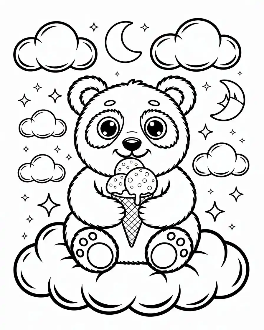 furry panda eating ice cream in the night sky coloring sheet for kids