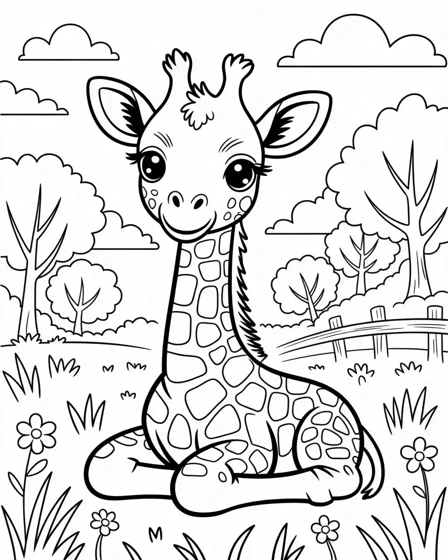 giraffe calf resting coloring page for babys