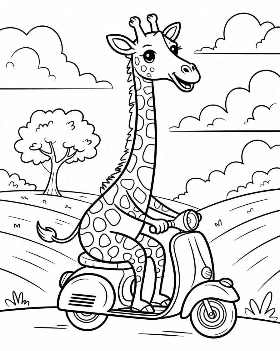 giraffe on scooter coloring page