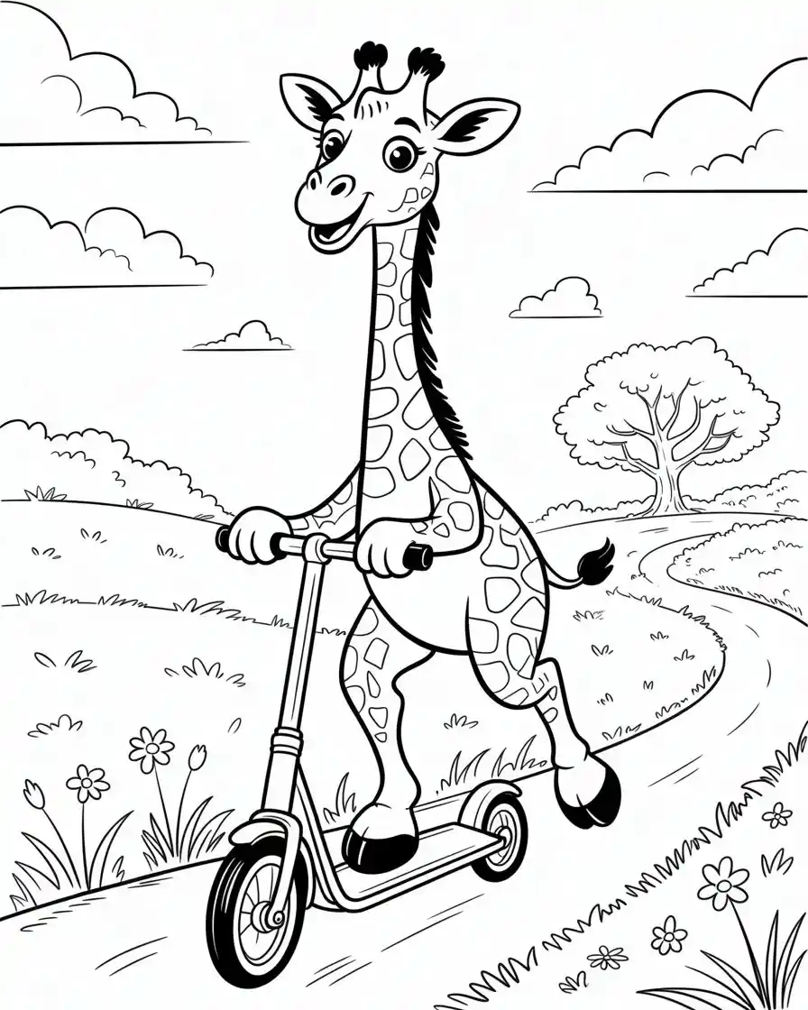 giraffe on scooter coloring sheet