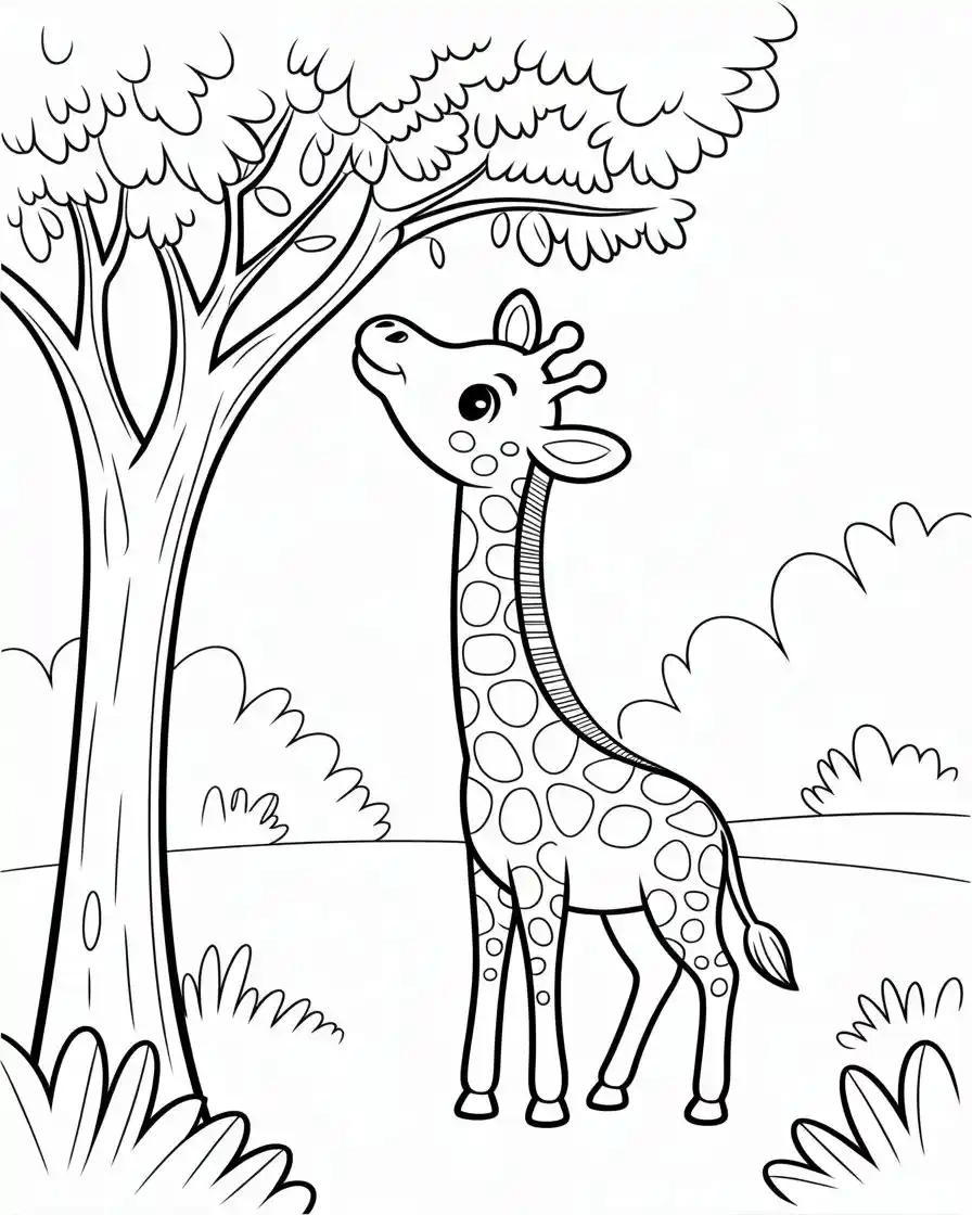 giraffe reaching for leaves coloring page 1