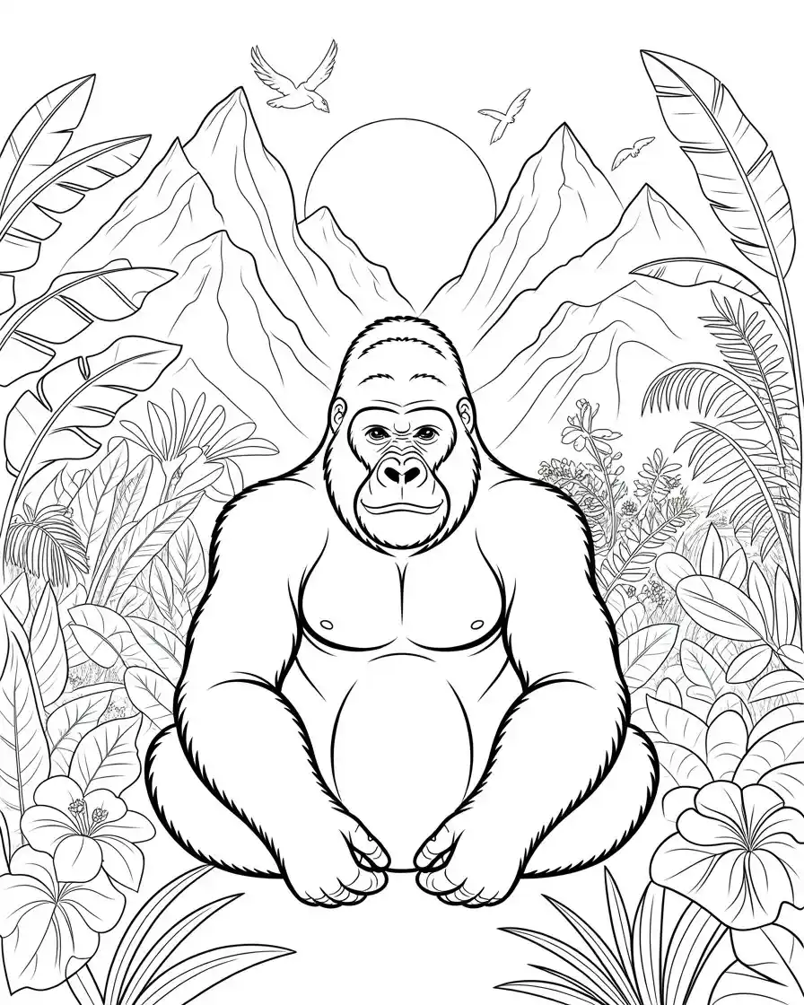 gorilla sitting in mountain jungle coloring page