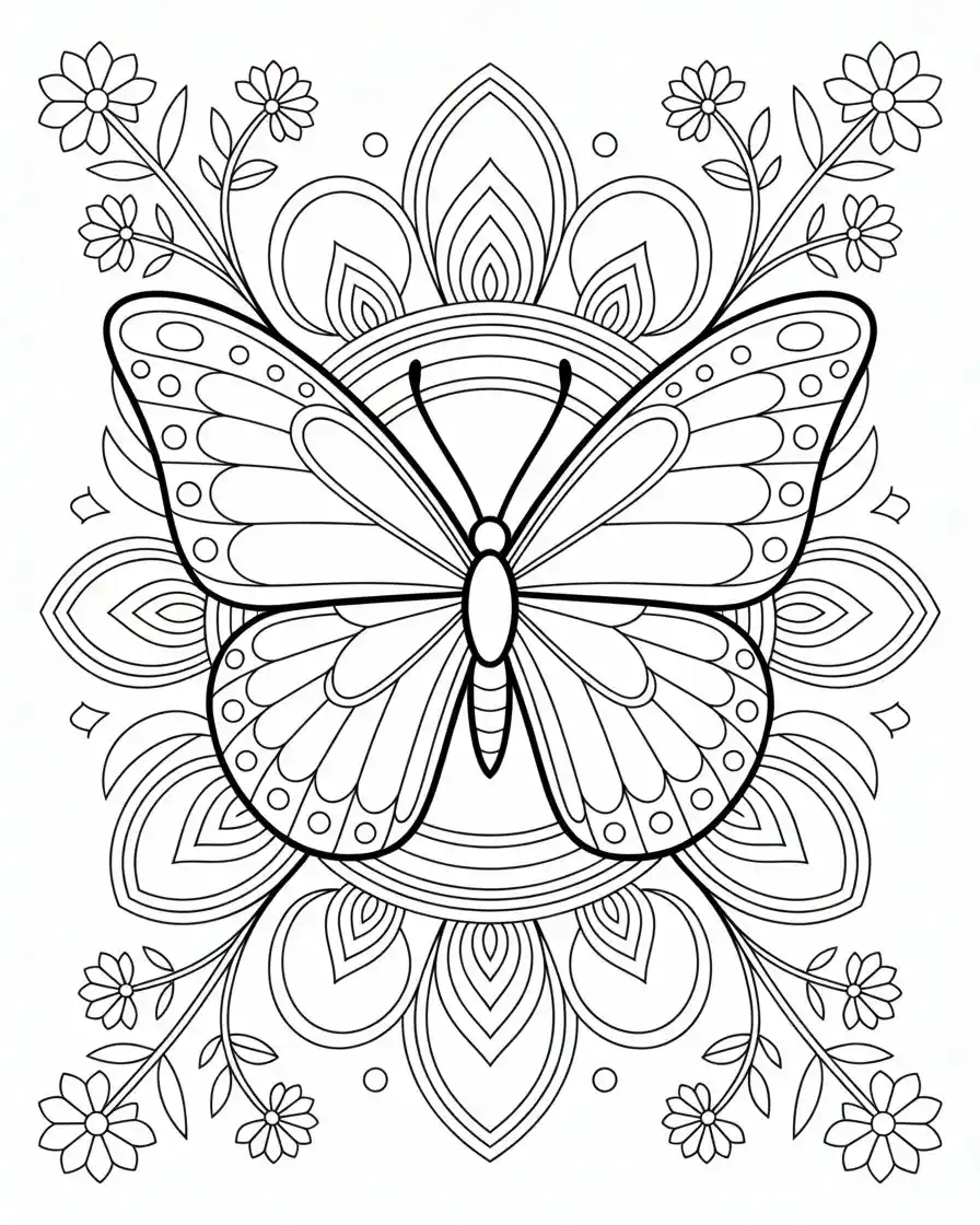 grand butterfly mandala surrounded by flowers coloring sheet 1