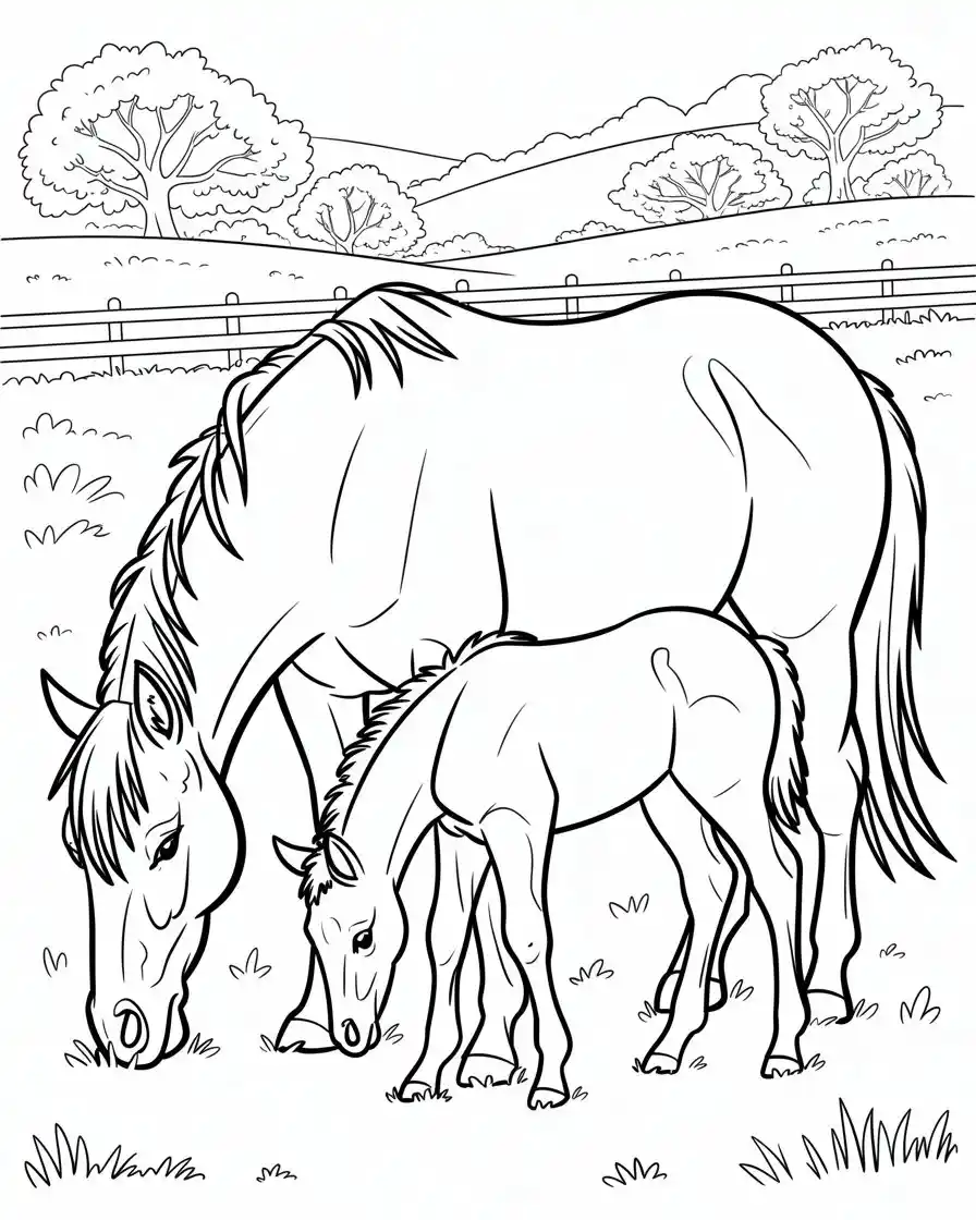 grazing mare horse and filly coloring page