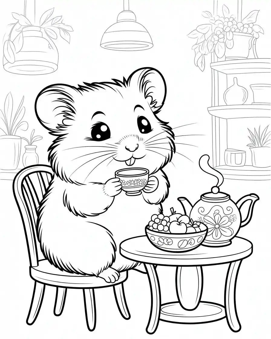 hamster drinking tea at cafe coloring page 1