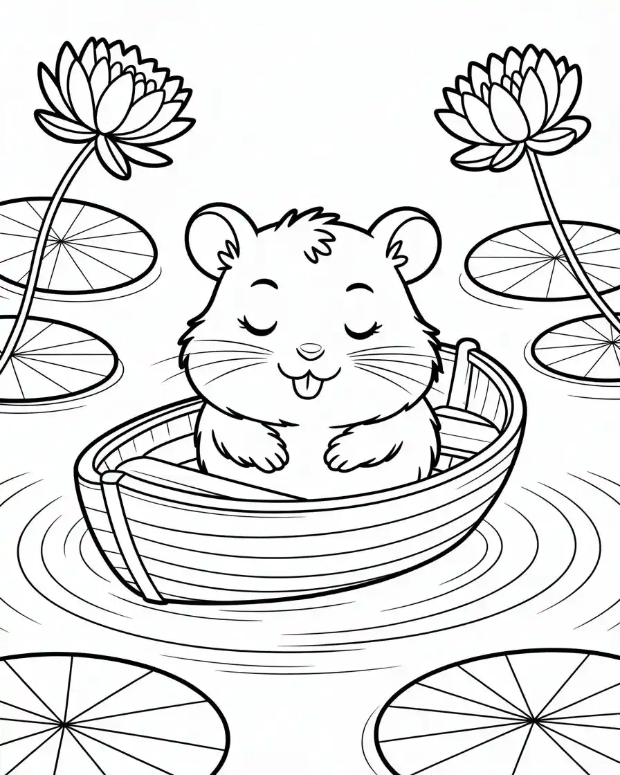 hamster floating in boat among lily pads coloring page