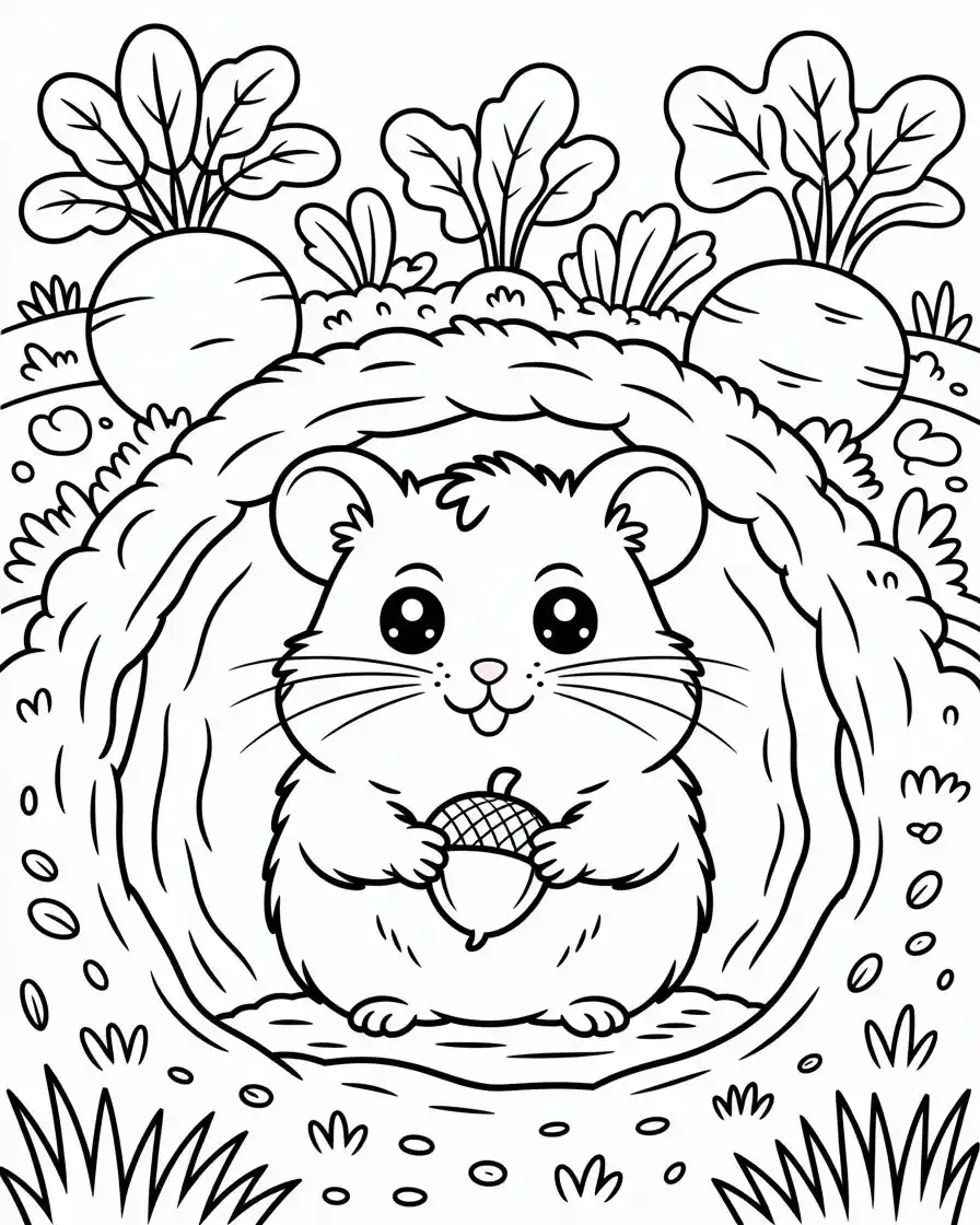 hamster in burrow with vegetables coloring page