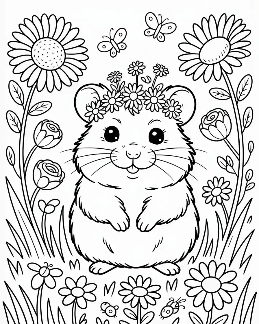hamster in meadow wearing flower crown coloring page