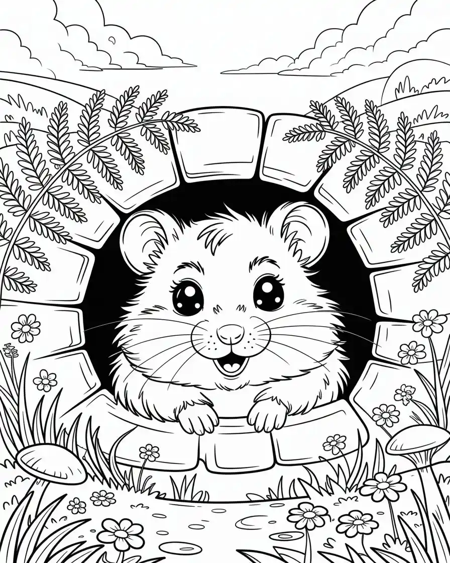 hamster peeking out from stone burrow coloring page