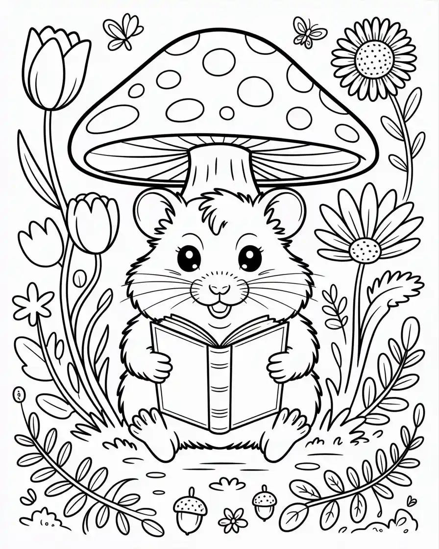 hamster reading book under mushroom coloring page